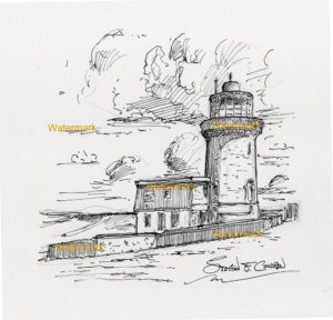 Pen & ink lined drawing of Belle Tout Lighthouse on the ocean coast.