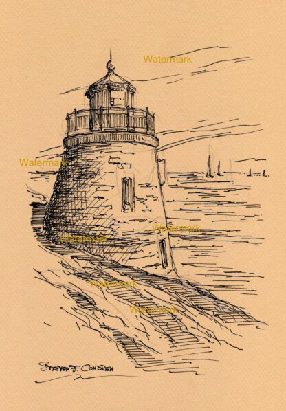 Newport Lighthouse #986A pen & ink landmark drawing showing boats on the sea.