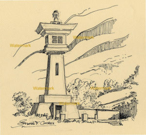 Pen & ink contour line drawing of Udo Sake Kyushu Lighthouse.