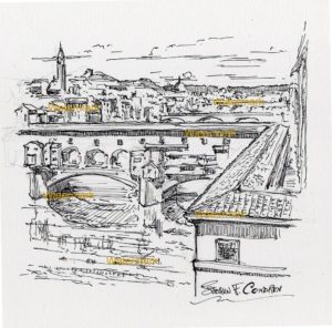 Pen & ink drawing of Pointe Vecchio reflecting in the water.