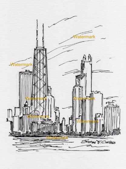 Chicago skyline #975A pen & ink cityscape drawing is popular because of it's view of the near north side.