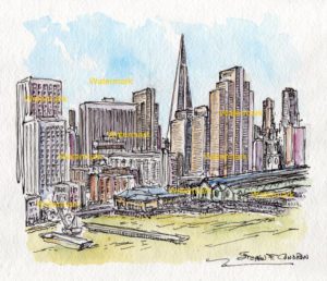 San Francisco skyline watercolor along the bayside wharfs.