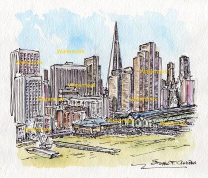 San Francisco skyline #1615A pen & ink cityscape with views of the wharf and skyscrapers behind.