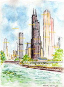 Willis Tower watercolor painting with pen & ink line drawing