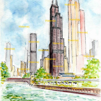 Willis Tower #205A pen & ink landmark watercolor is popular because of it's height with view of downtown, and the print is matted 11"x14".