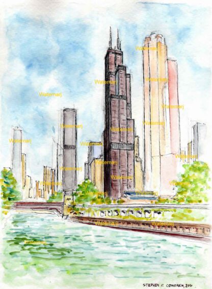Willis Tower #205A pen & ink landmark watercolor is popular because of it's height with view of downtown, and the print is matted 11"x14".