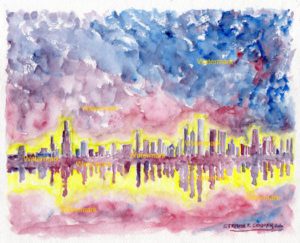 Chicago skyline watercolor painting of Lake Michigan at night.