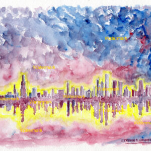 Chicago skyline #428A sunset cityscape watercolor with view Lake Michigan, showing red, blue, and yellow in the sky.