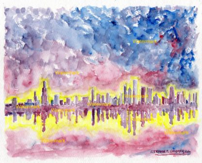 Chicago skyline #428A sunset cityscape watercolor with view Lake Michigan, showing red, blue, and yellow in the sky.