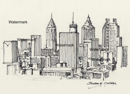 Atlanta skyline #823A pen & ink cityscape drawing with a view of downtown.