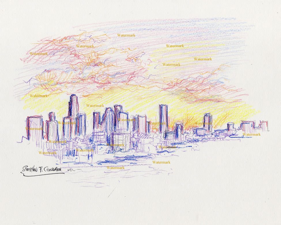Los Angeles skyline color pencil drawing of a golden sunset.