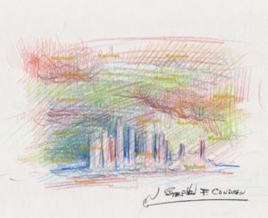Los Angeles skyline color pencil drawing of a cloudy stormy sunset.