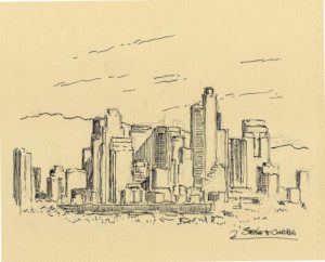 Los Angeles skyline pen & ink drawing of downtown skyscrapers.