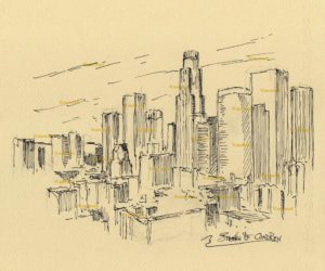 Pen & ink drawings and prints of Los Angeles skyline.