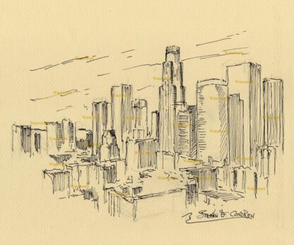Los Angeles skyline #2713A pen & ink, cityscape drawing of downtown skyscrapers.