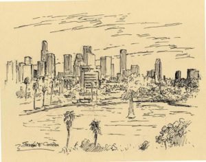 Los Angeles skyline pen & ink drawing of downtown from Echo Park Lake.