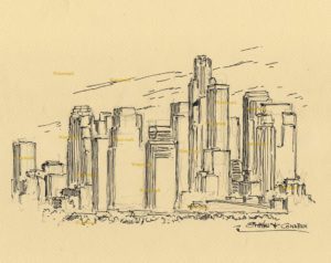 Los Angeles skyline pen & ink drawing of towering downtown skyscrapers.