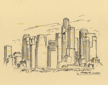 Los Angeles skyline #2719A pen & ink cityscape drawing of skyscrapers in downtown.