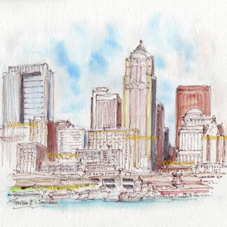 Seattle Skyline #880A pen & ink cityscape watercolor is popular because of it's view of downtown.