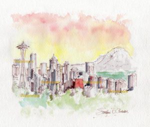 Seattle Skyline Watercolor Painting At Sunset For Sale ~ 881