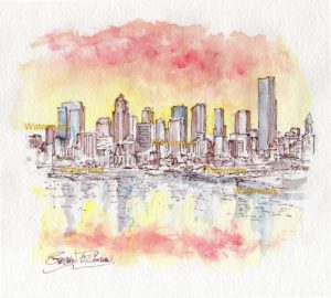 Seattle Skyline Watercolor Painting At Sunset From Elliott Bay For Sale ~ 882