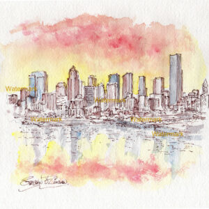 Seattle Skyline #882A pen & ink cityscape watercolor is popular because of it's view of Elliott Bay at sunset.