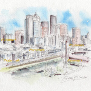 Seattle Skyline #883A pen & ink cityscape watercolor is popular because of it's view of Alaskan Viaduct.