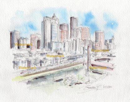Seattle Skyline #883A pen & ink cityscape watercolor is popular because of it's view of Alaskan Viaduct.