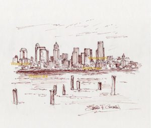 Seattle skyline pen & ink drawing of downtown on Elliott Bay.