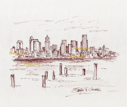 Seattle skyline #872A pen & ink cityscape drawing of downtown on Elliott Bay with posts in the water.