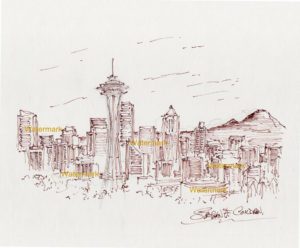 Seattle skyline pen & ink drawing of downtown with the Space Needle.