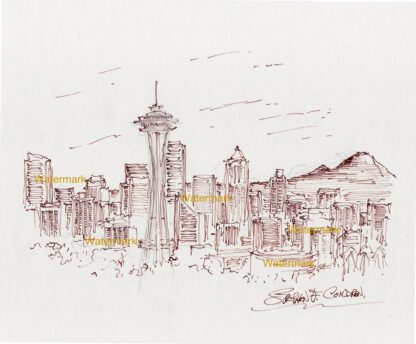 Seattle skyline #873A pen ink cityscape drawing of Space Needle and Mt. Rainier..