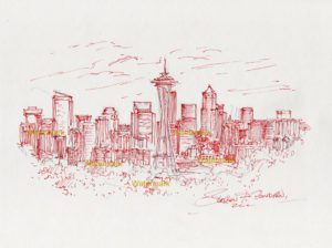 Seattle skyline pen & ink drawing with Space Needle and skyscrapers.
