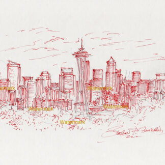 Seattle skyline #874A pen & ink cityscape drawing of Space Needle and skyscrapers of downtown..