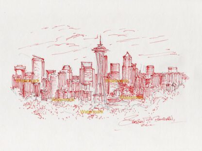 Seattle skyline #874A pen & ink cityscape drawing of Space Needle and skyscrapers of downtown..