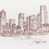 Seattle skyline #877A pen & ink cityscape is popular because of it's view of Elliot Bay, and downtown.