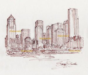 Seattle skyline pen & ink line drawing of downtown on Elliott Bay.