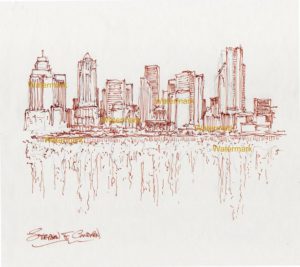 Seattle skyline pen & ink line drawing reflecting in Elliott Bay.