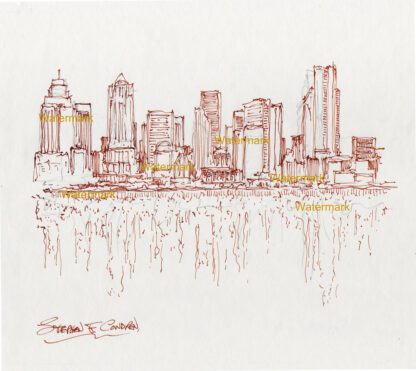 Seattle skyline #878A pen & ink cityscape drawing reflecting in Elliott Bay.