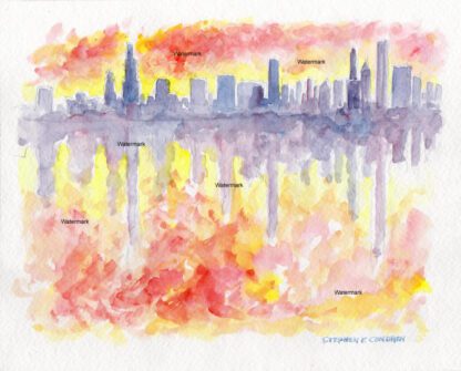 Chicago Impressionist skyline #626A cityscape watercolor with crimson sunset reflecting on Lake Michigan.