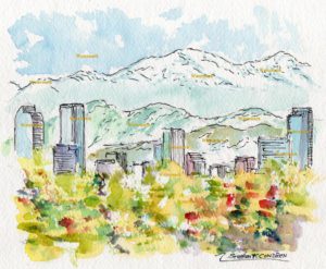 Denver Skyline watercolor painting of downtown Denver with mountains.