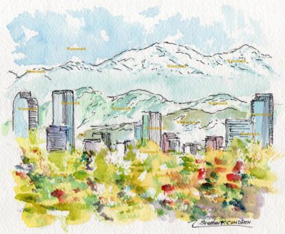Denver skyline #2768A pen & ink, cityscape watercolor of downtown with the Rocky Mountains.