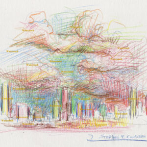 Denver skyline #2770A color pencil, cityscape drawing of downtown with large storm clouds overhead.