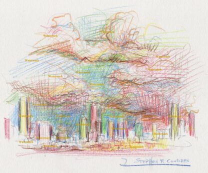 Denver skyline #2770A color pencil, cityscape drawing of downtown with large storm clouds overhead.