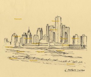 Detroit skyline pen & ink line drawing of downtown on the River.