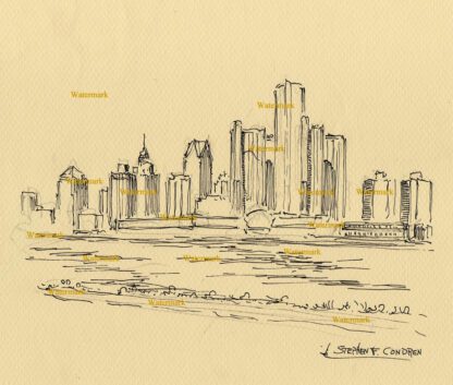 Detroit skyline #2755A pen & ink, cityscape drawing of downtown area along the river.