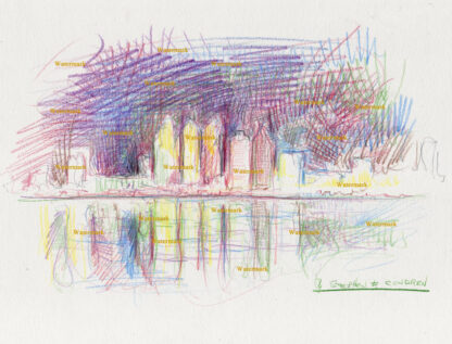 Detroit skyline #2763A color pencil, cityscape drawing of downtown at nighttime.