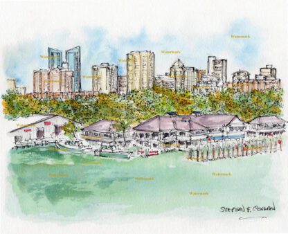 Ft Lauderdale skyline #584A pen & ink cityscape watercolor with a view of the harbor.