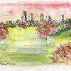Little Rock skyline #608A pen & ink cityscape watercolor with a view of the prairie at sunset colors.