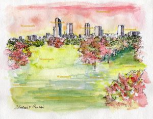 Little Rock skyline watercolor painting of downtown at sunset.